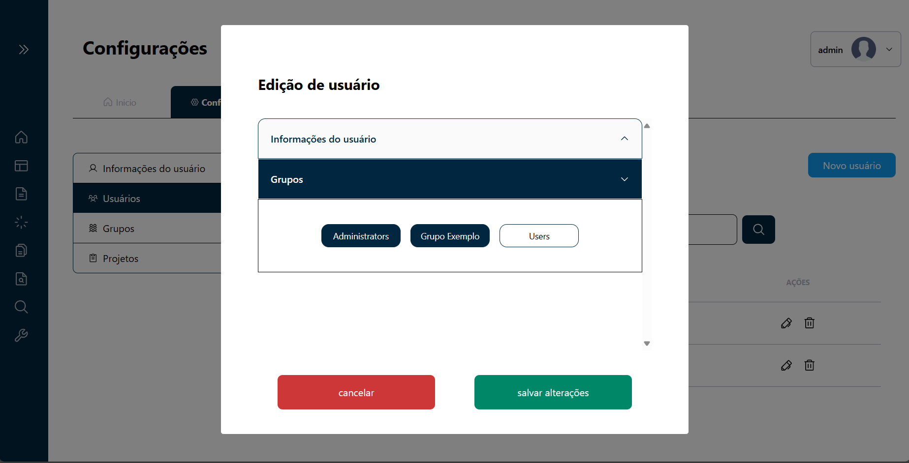 Manipulação dos grupos do Usuário
