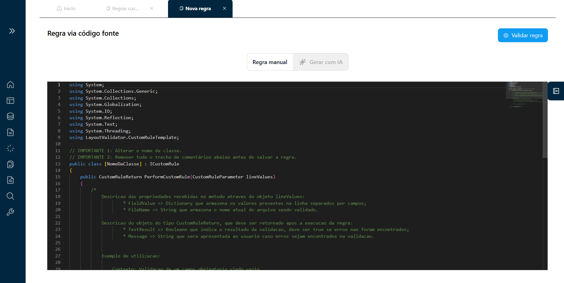 Editor de Regra Customizada