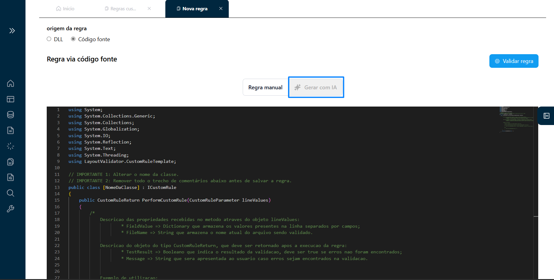 Botão Gerar Regra com IA