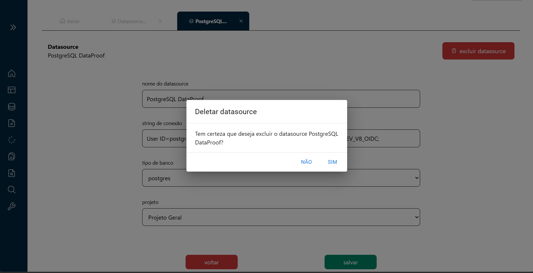 Confirmação de Exclusão de Data Sources