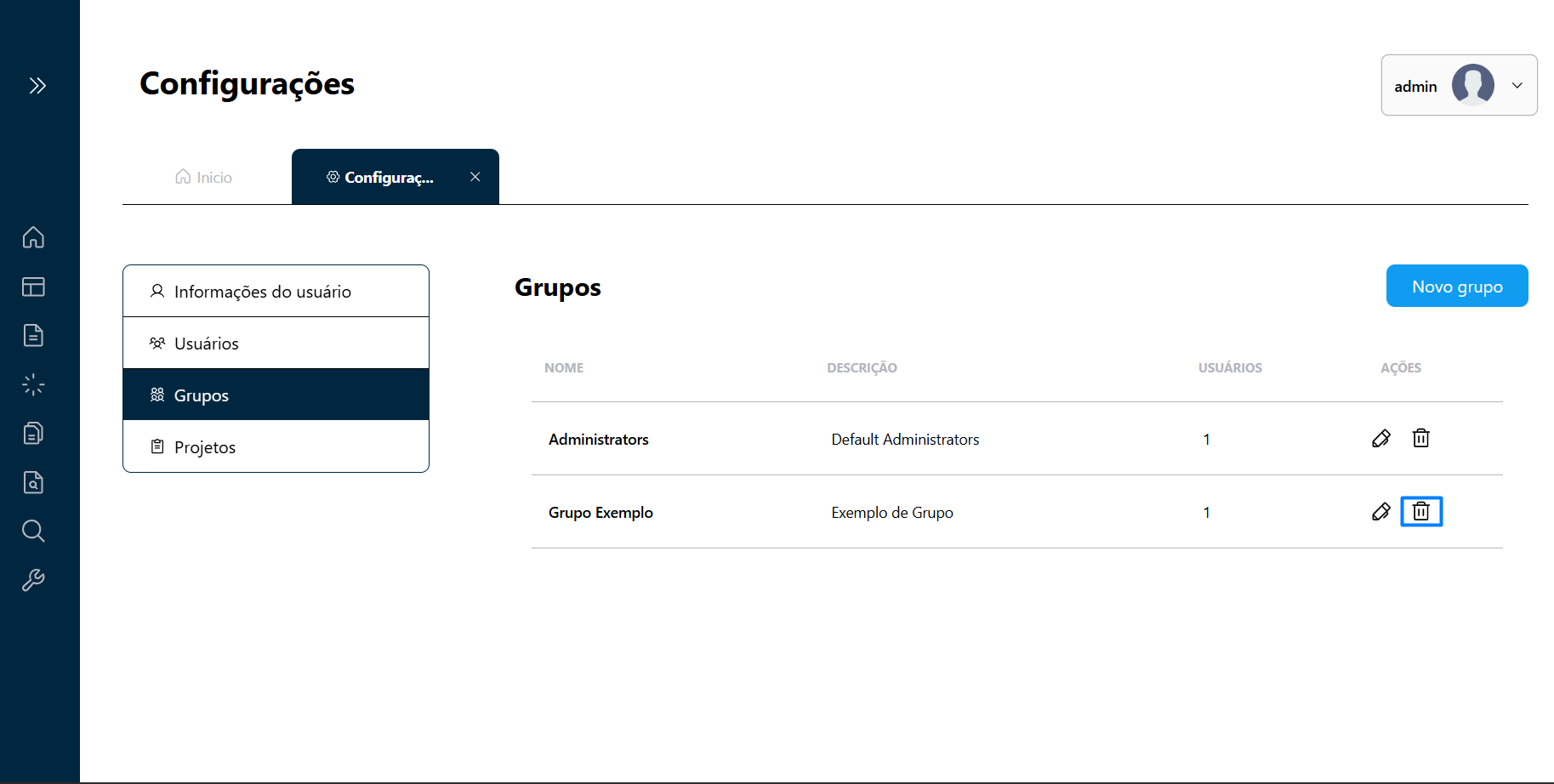 Botão de exclusão de Grupos