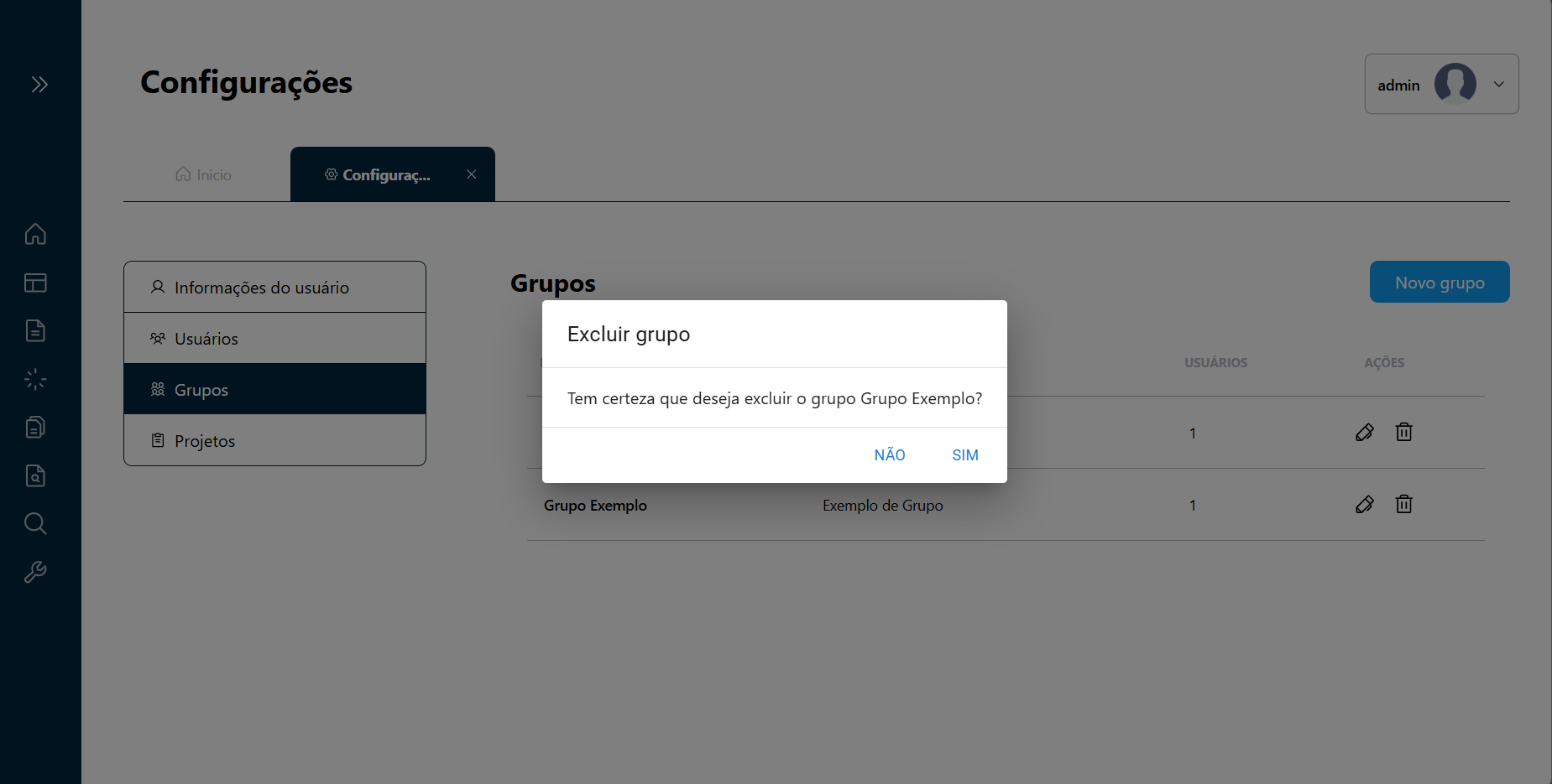 Interface de Confirmação de Exclusão de Grupo