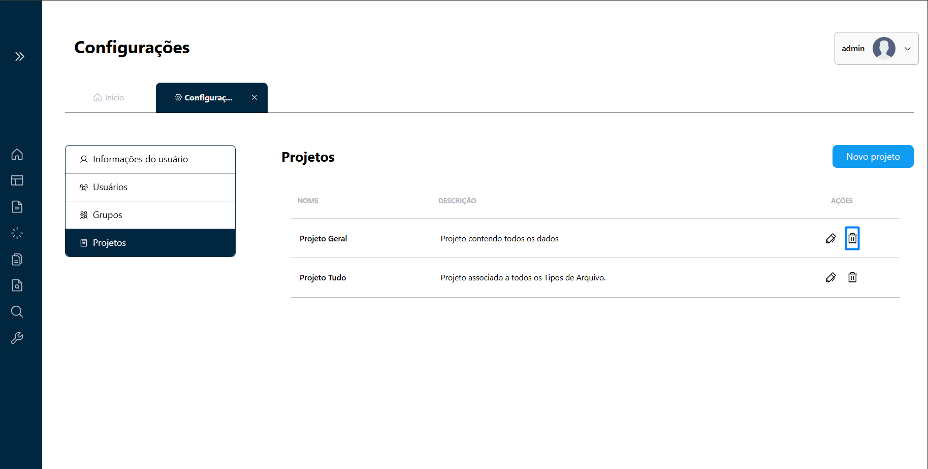 Botão de exclusão de Grupos