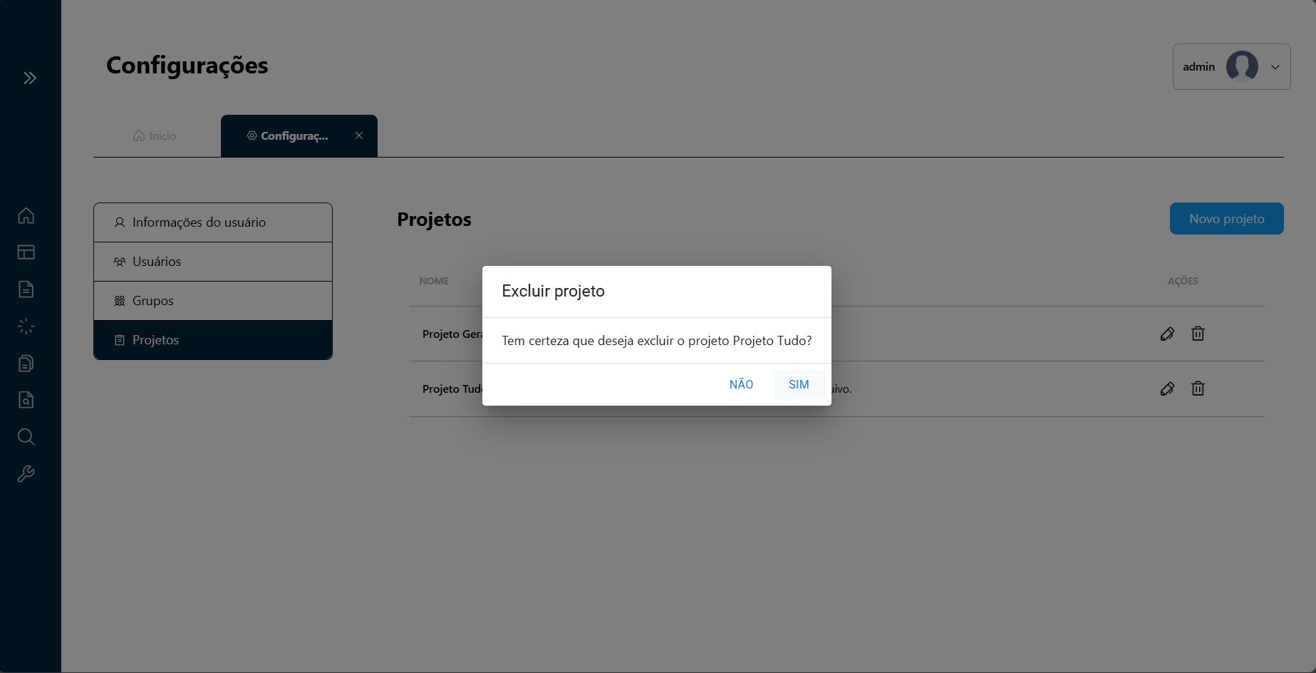 Interface de Confirmação de Exclusão de Grupo