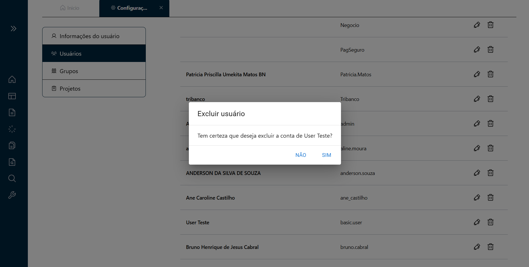 Interface de Confirmação de Exclusão de Usuários