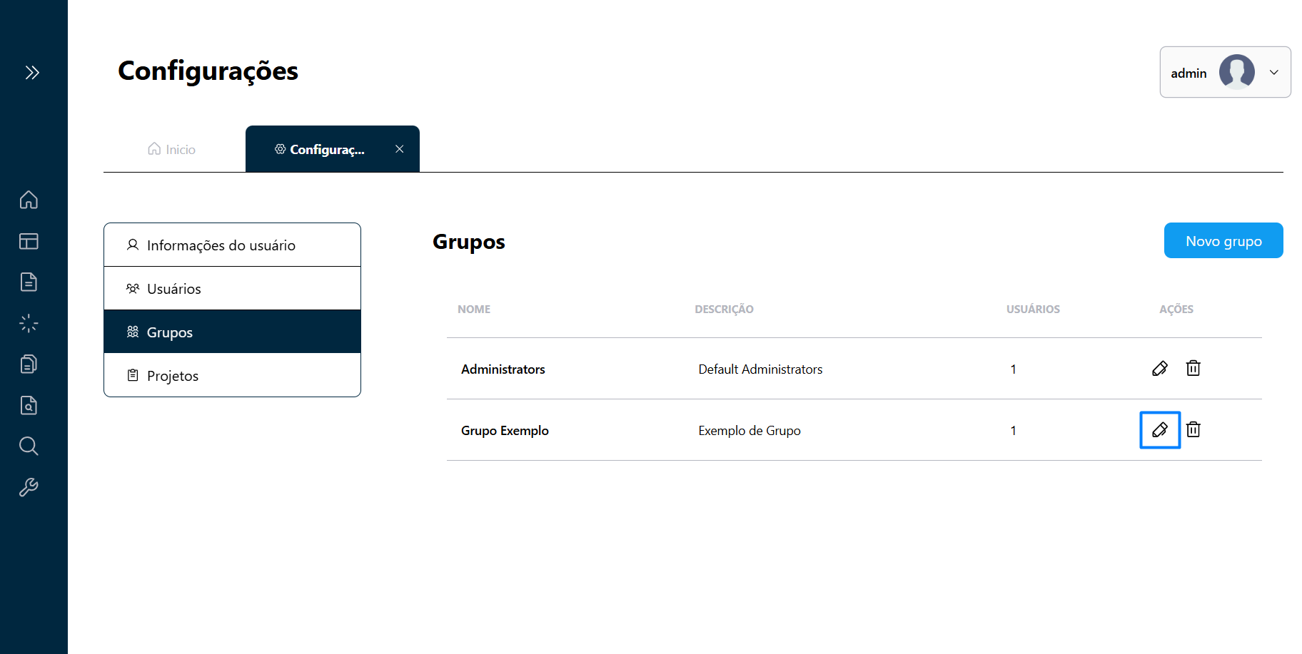 Botão de edição de Grupos