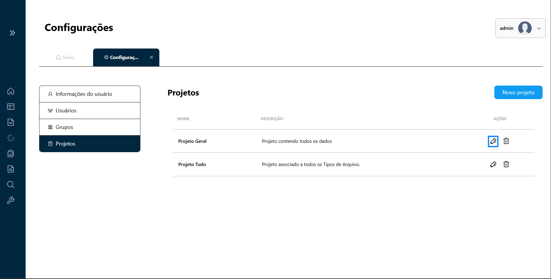 Botão de edição de Projetos