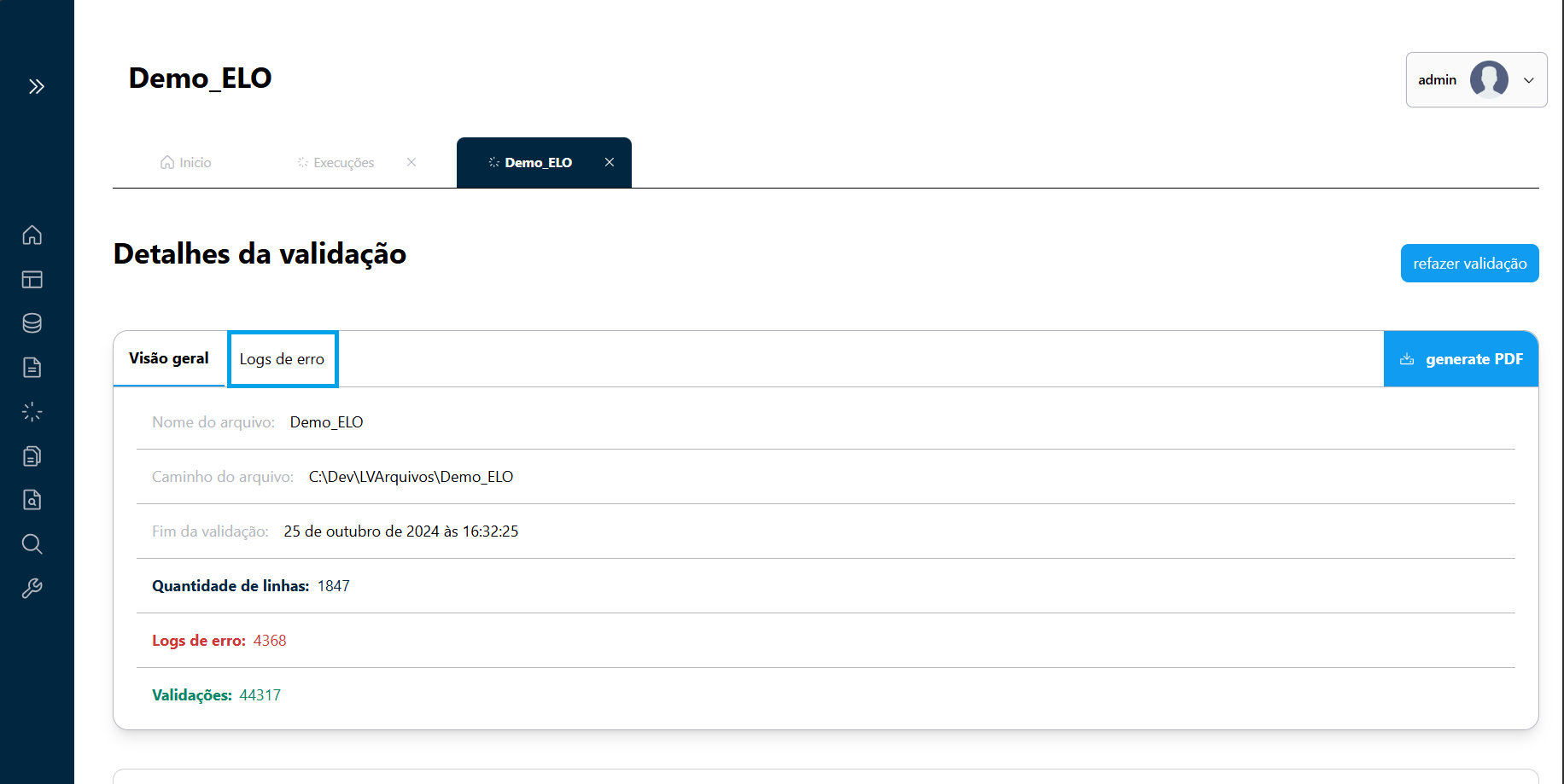 Botão de Erros da Validação