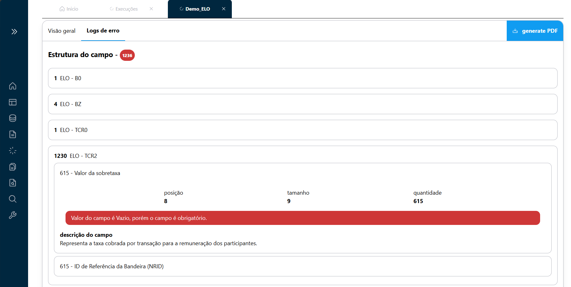 Detalhes do Campo com Erros