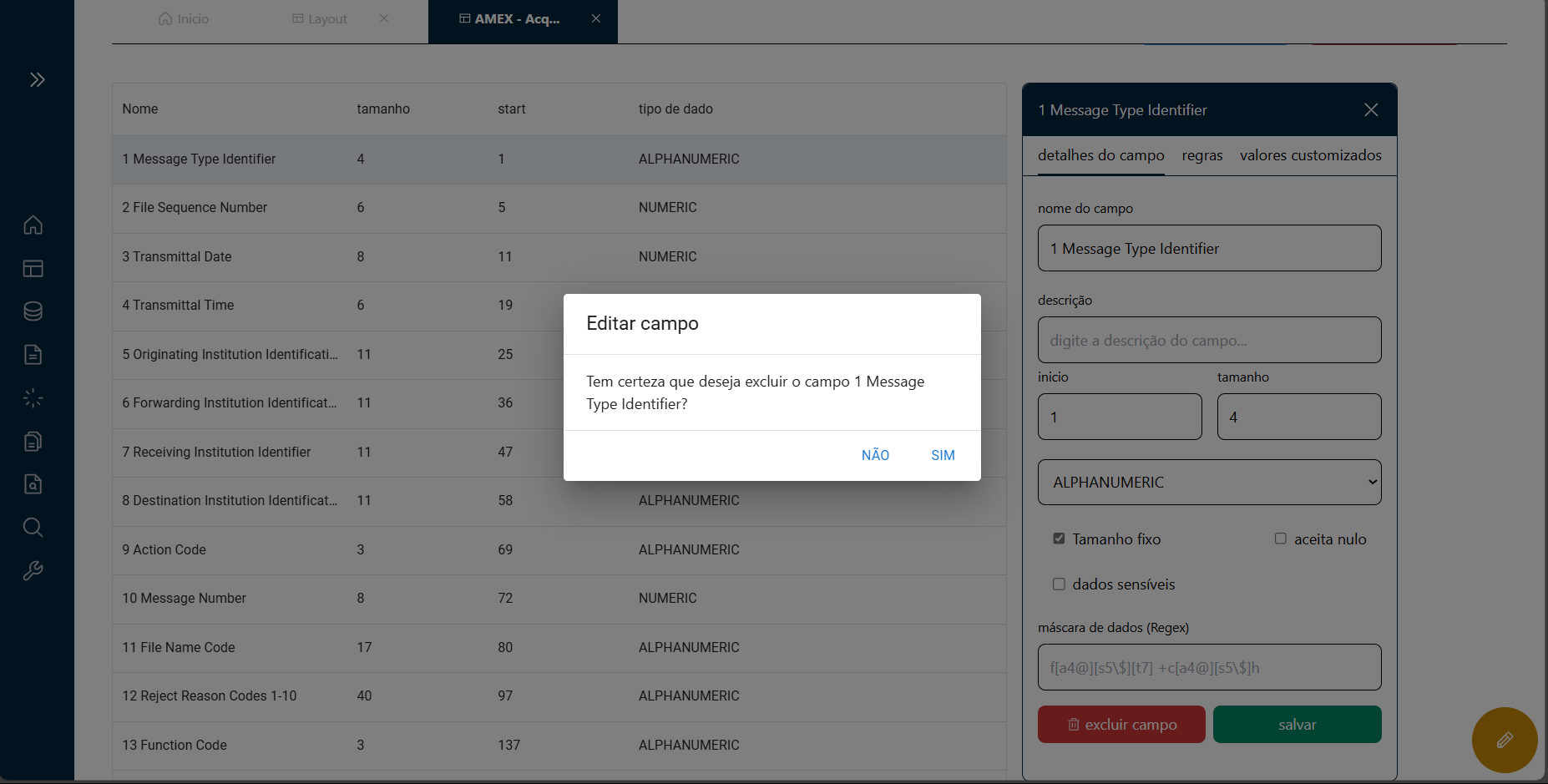 Confirmação de Exclusão de Campos