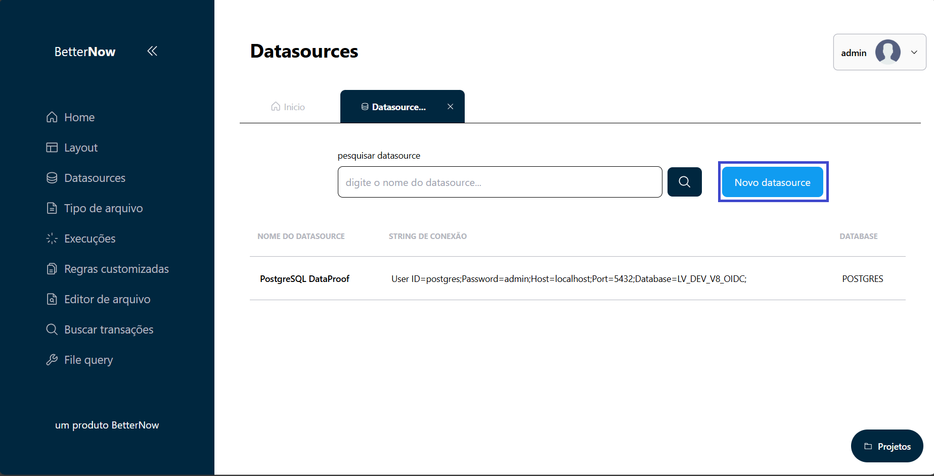 Acesso a tela de Criação de Data Sources