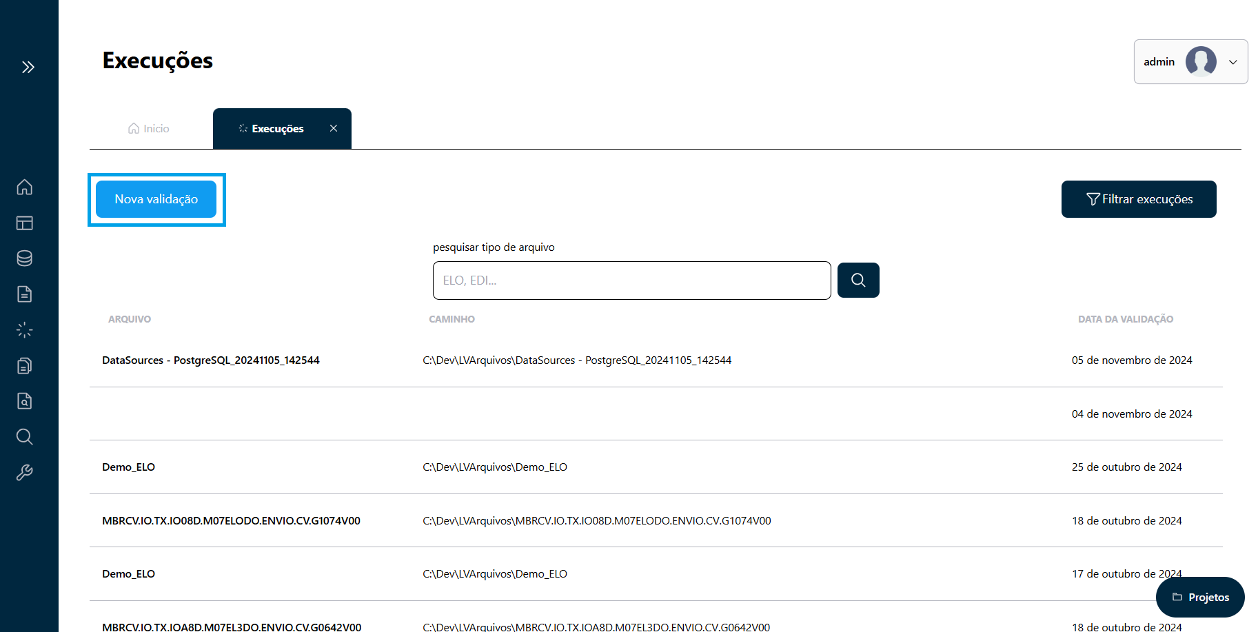 Botão de Nova Validação