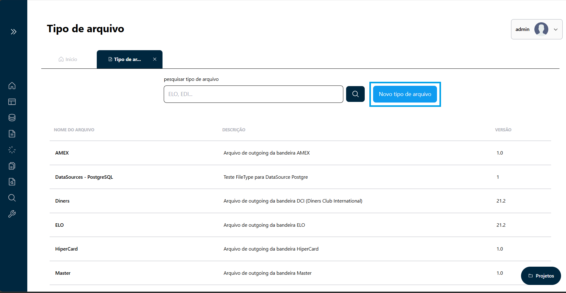 Acesso a tela de Criação de Tipo de Arquivo