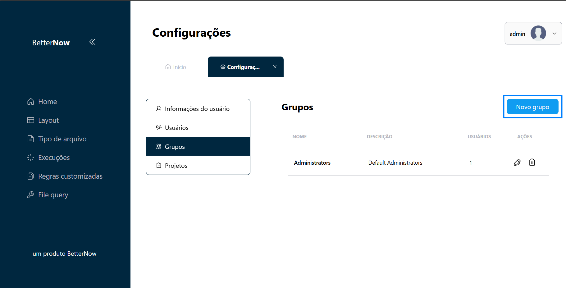 Acesso a tela de Criação de Grupos