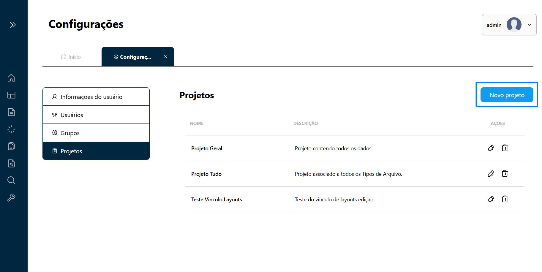 Acesso a tela de Criação de Projetos