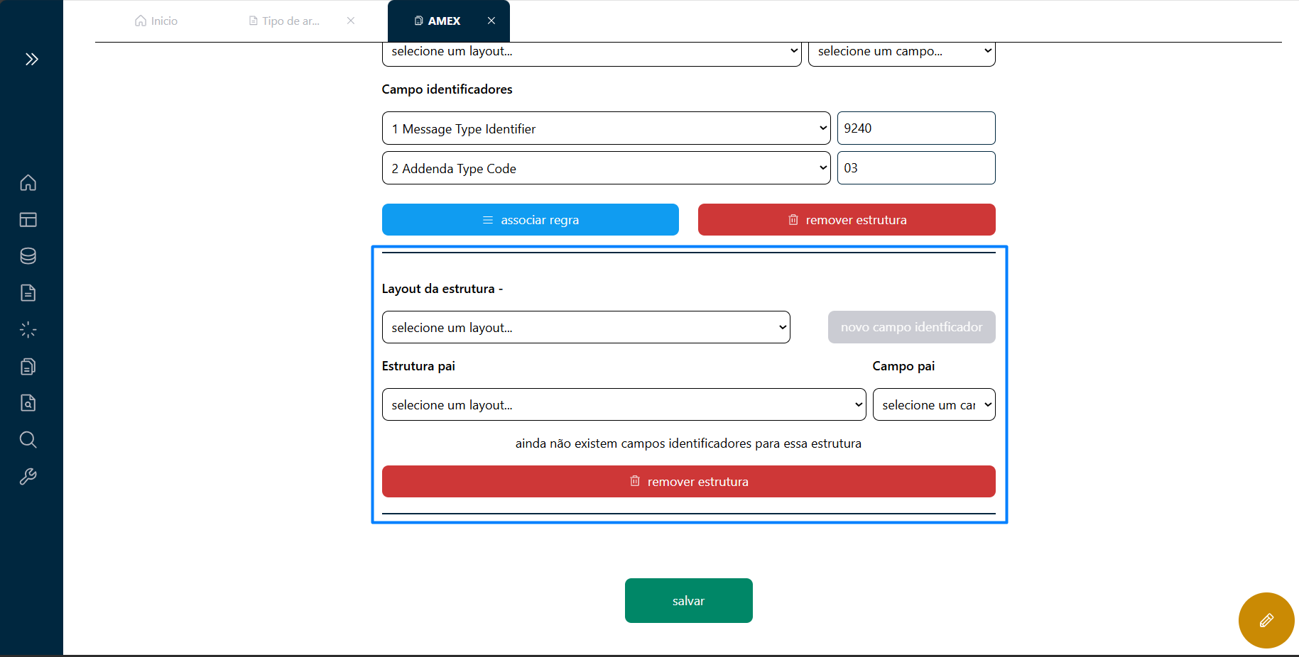 Formulário com dados da nova Estrutura