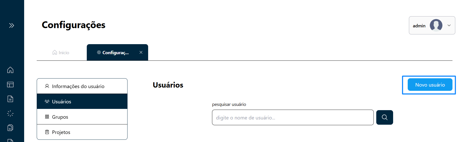 Acesso a tela de Criação de Usuários