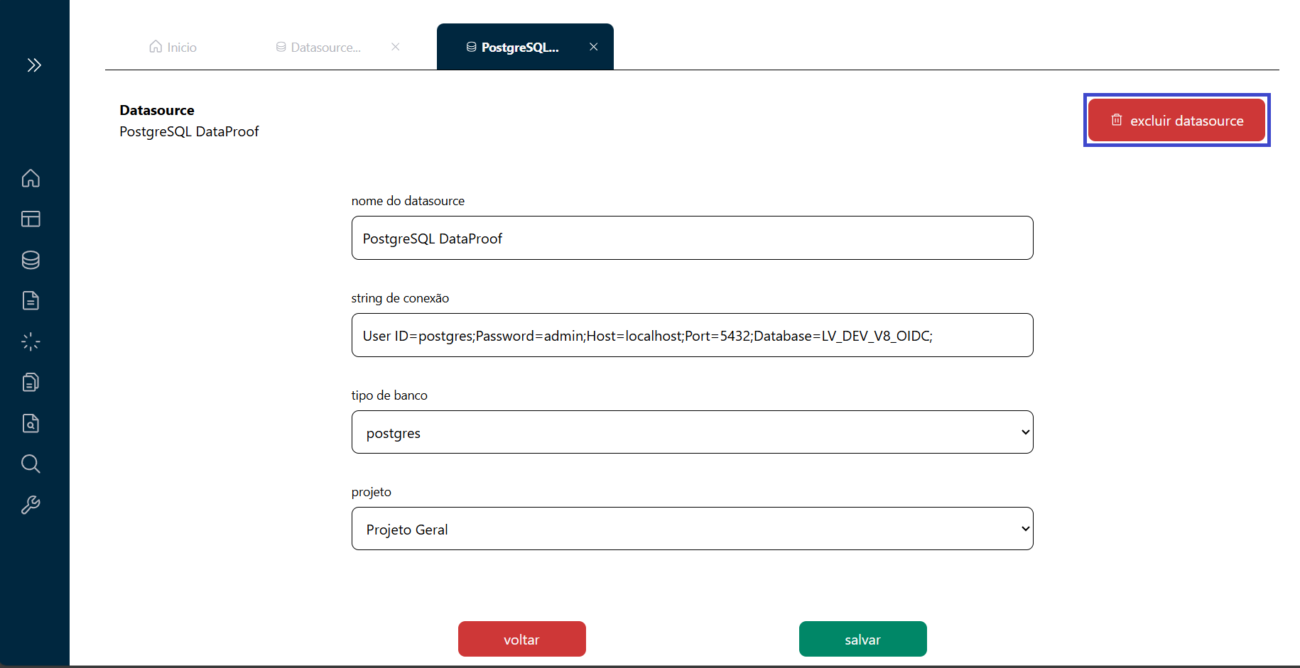 Botão de exclusão de Data Sources