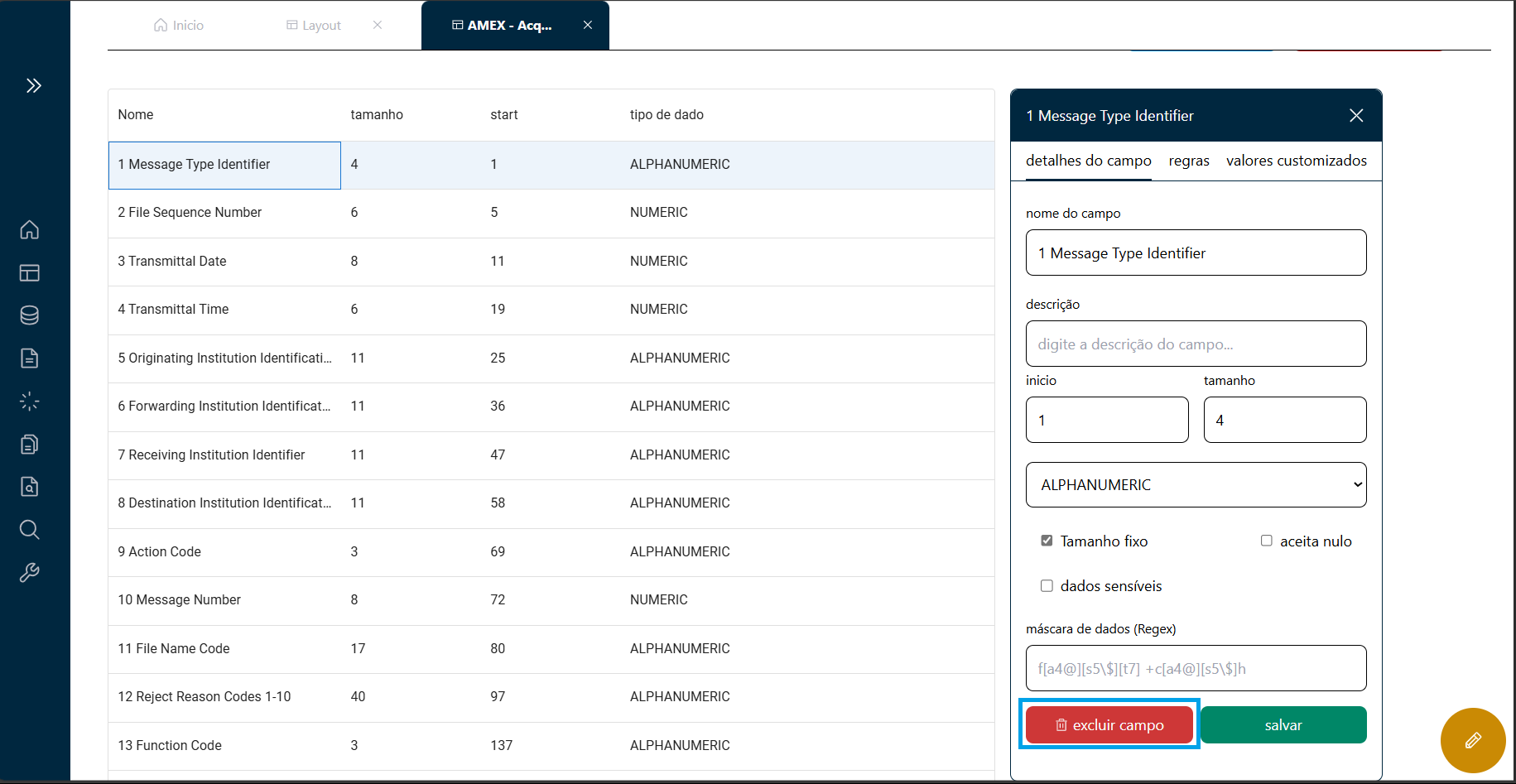 Botão de exclusão de Campos