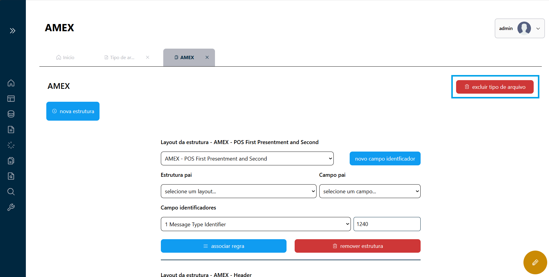 Botão de exclusão de Tipo de Arquivo