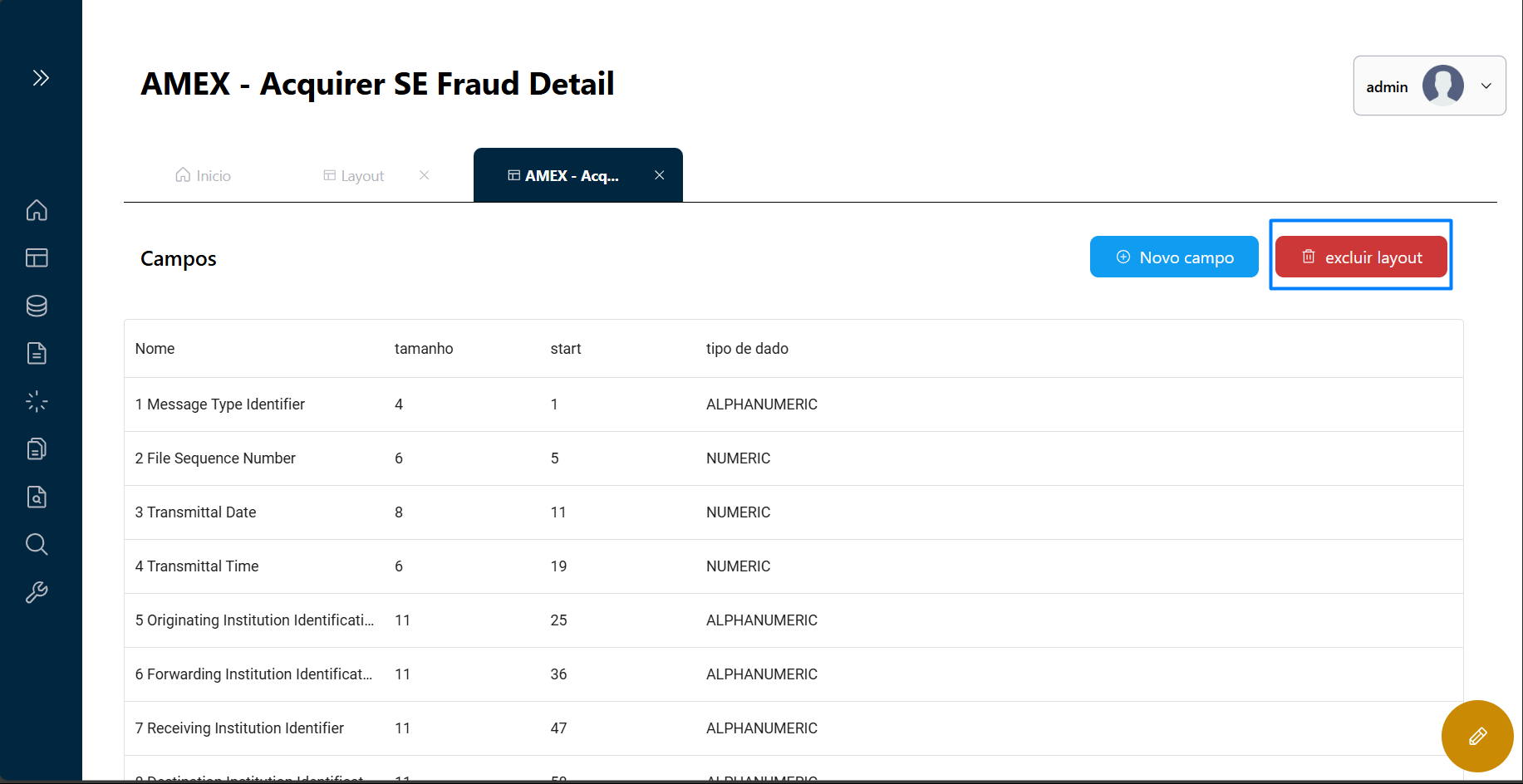 Botão de exclusão de Layouts