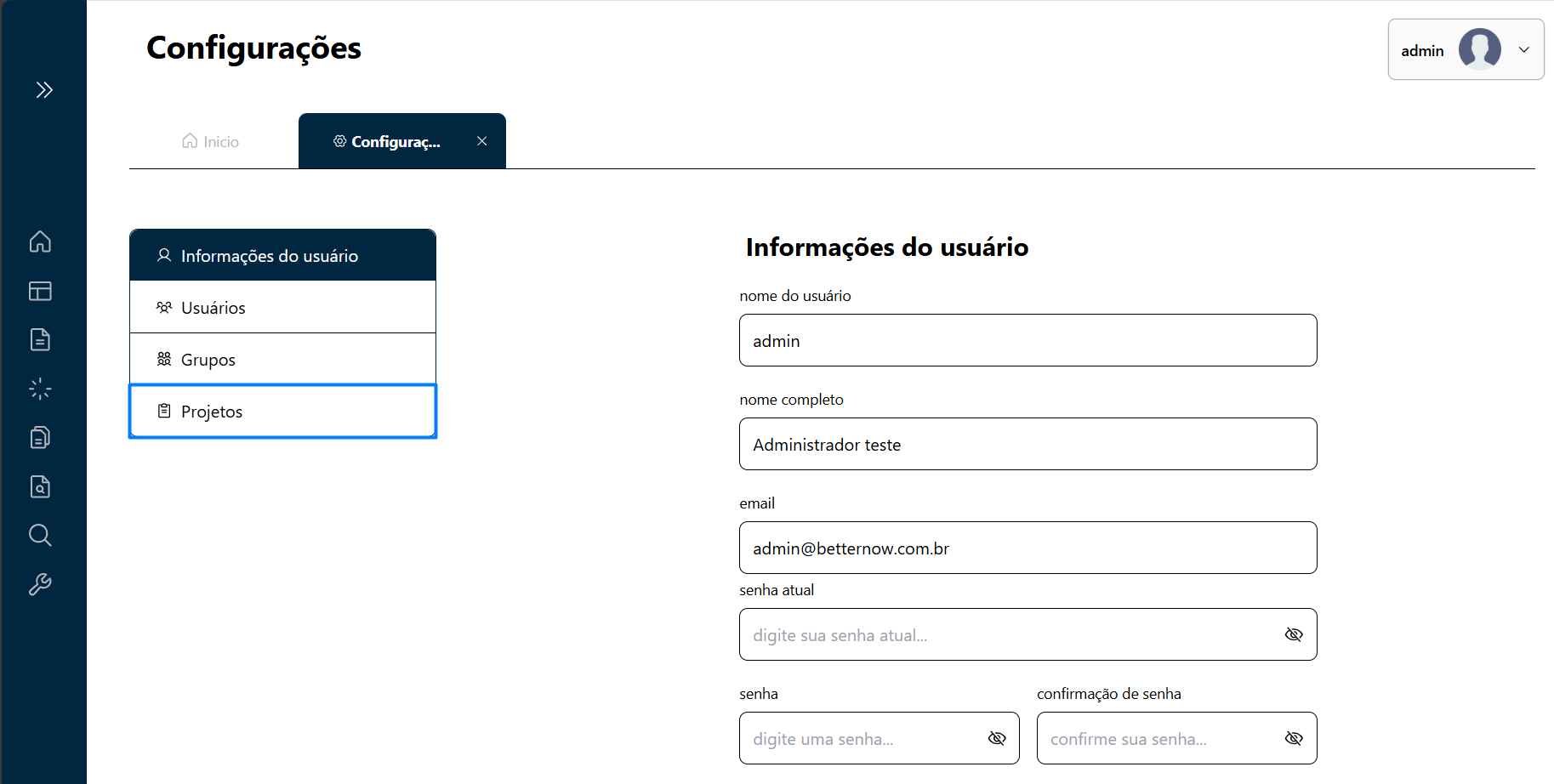 Acesso a tela de Projetos